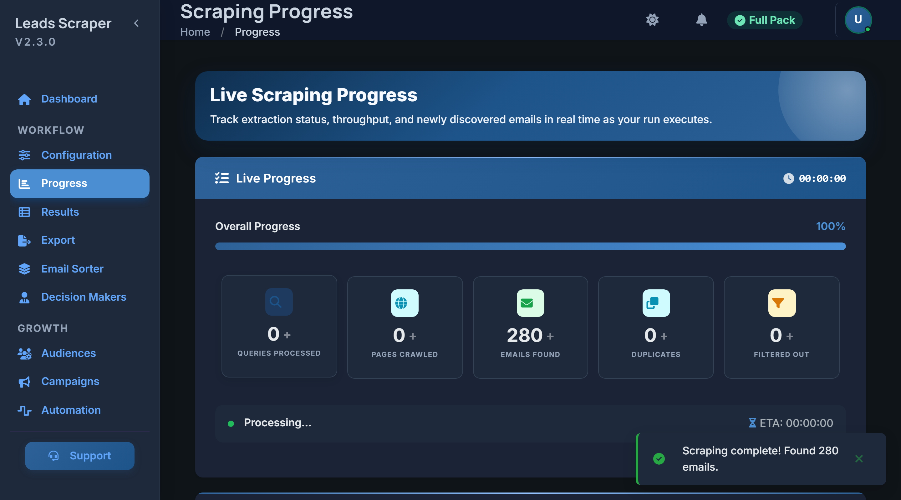 Live progress view showing scan coverage, pages crawled and leads found during a running scrape